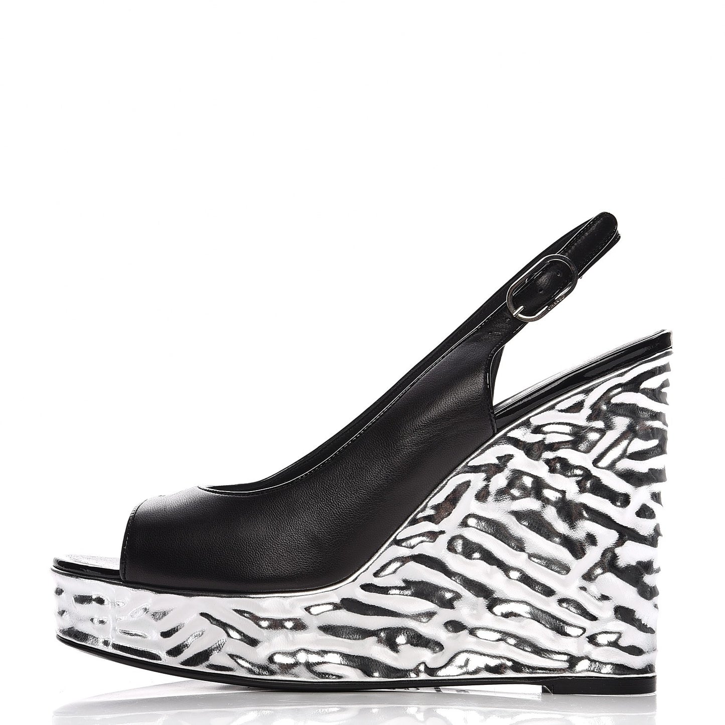 Lambskin Metallic Wedge Open Toe Pumps 40.5 Black