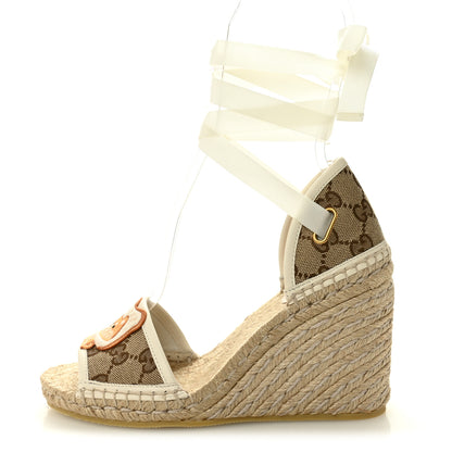 Gucci Monogram Patches Ankle Wrap Platform 35/120mm Espadrille Wedges 36 Beige White 1 of 7