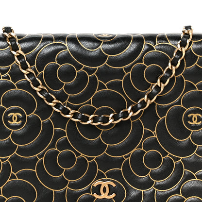 Chanel Lambskin Camellia Embossed Wallet On Chain WOC Black Gold 9 of 11