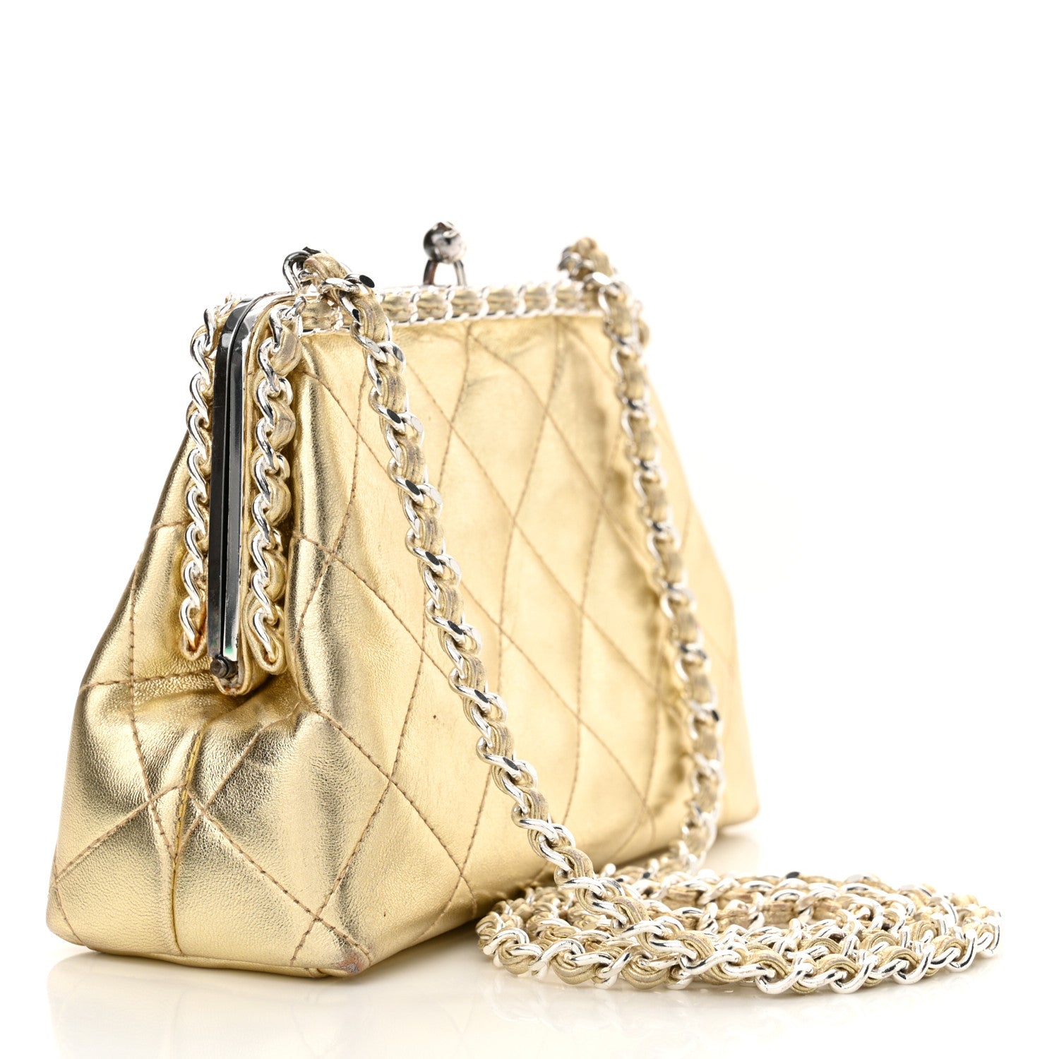 Chanel Metallic Lambskin Quilted Chain Around Kiss Lock Evening Clutch Gold 4 of 15