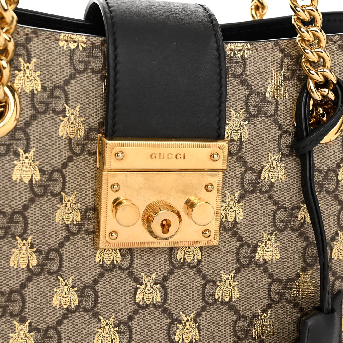 GG Supreme Monogram Bees Small Padlock Tote Beige Oro Black