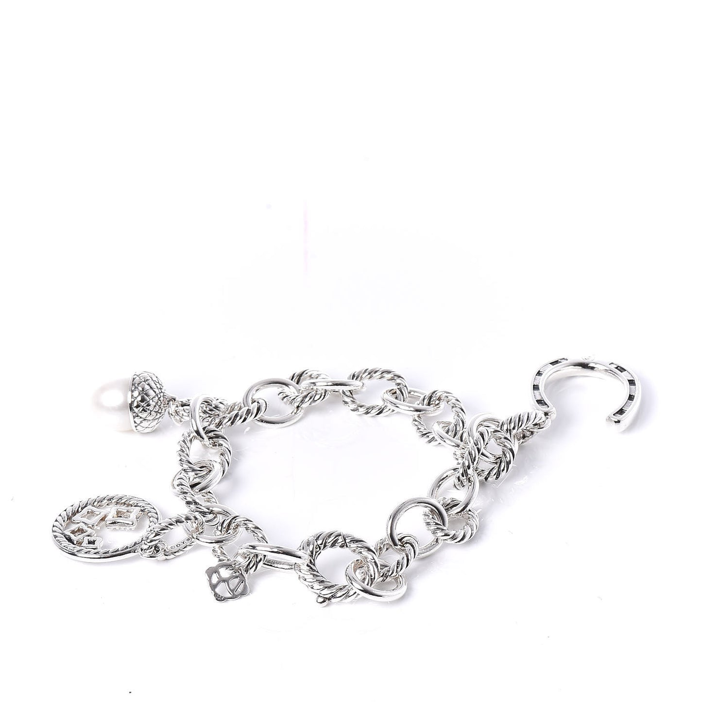 Sterling Silver Diamond Freshwater Pearl 9.5mm Oval Link Charm Bracelet