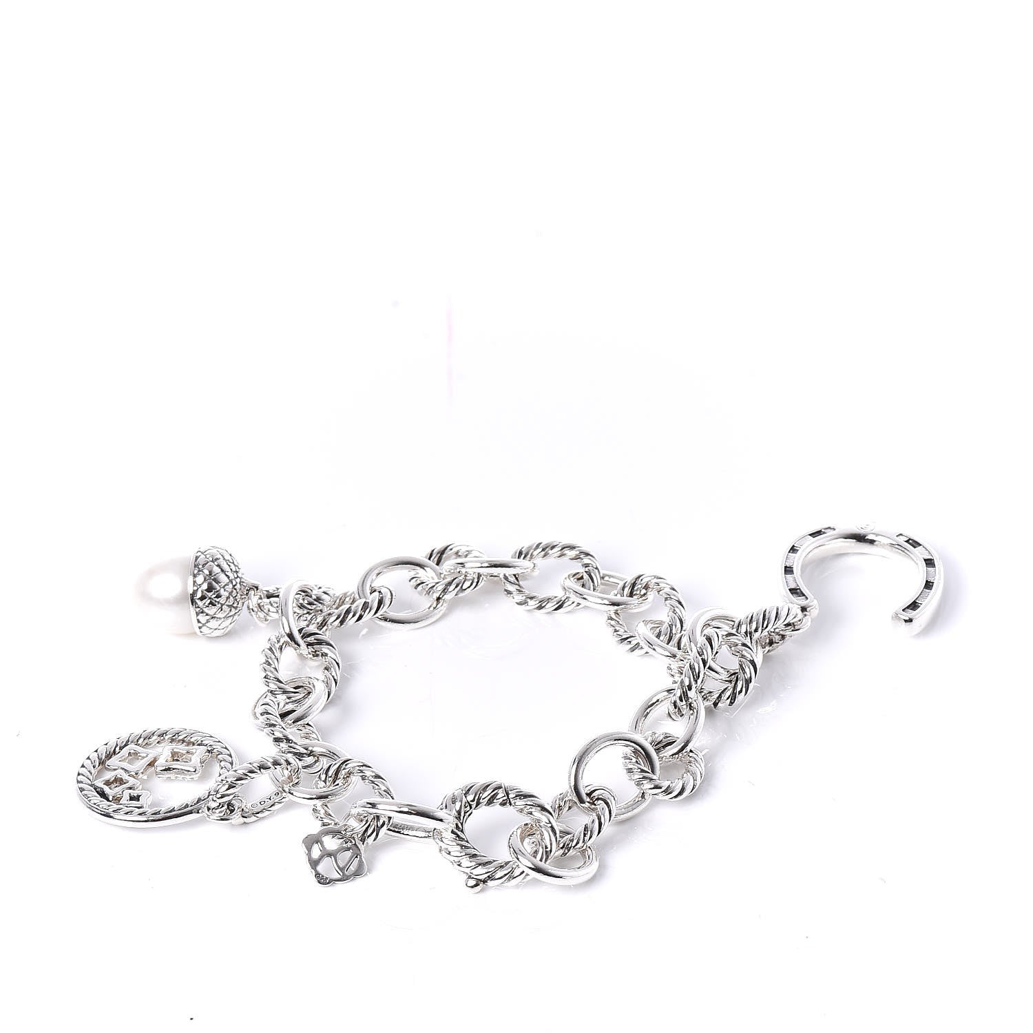 David Yurman Sterling Silver Diamond Freshwater Pearl 9.5mm Oval Link Charm Bracelet 3 of 5