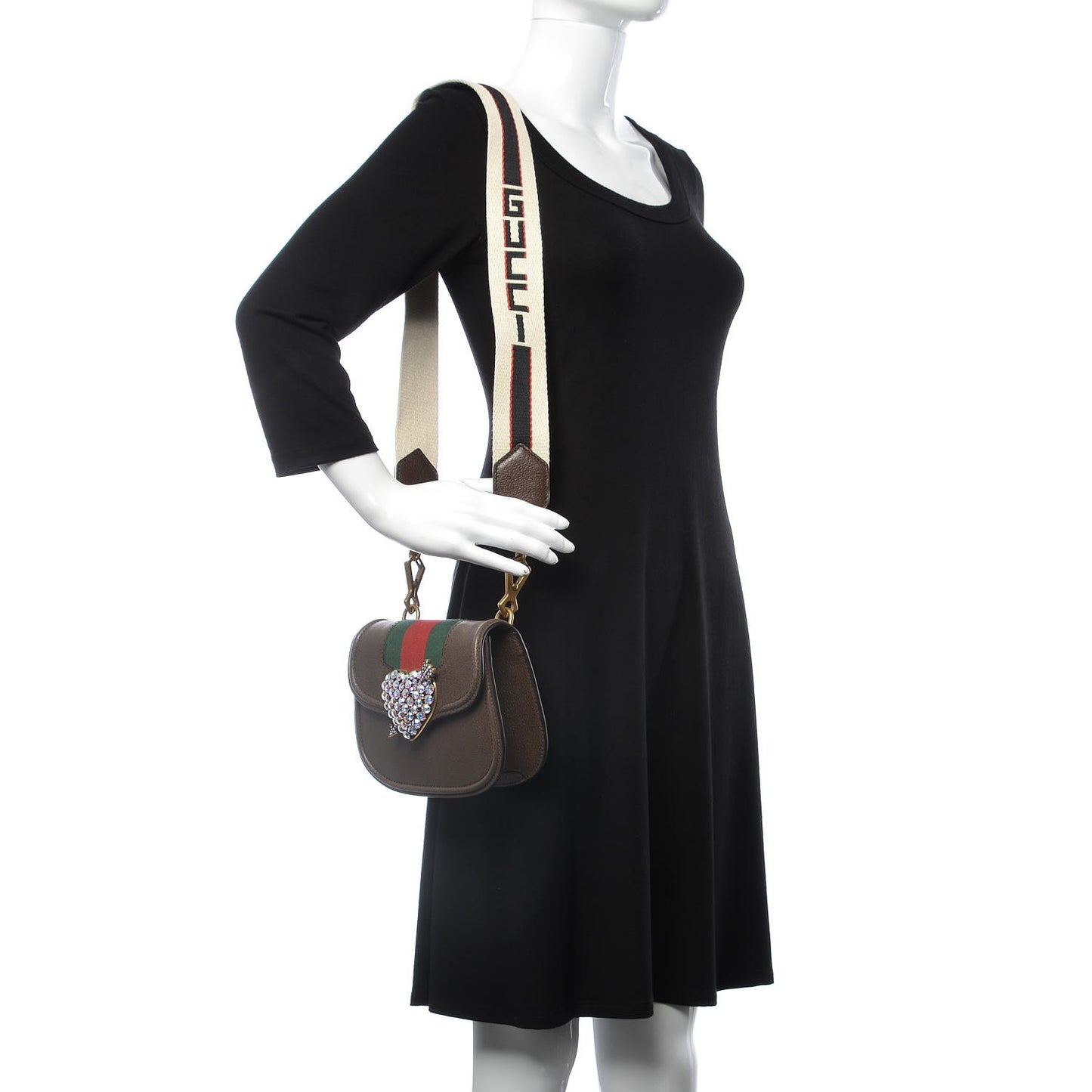 Calfskin Small Linea Crystal Heart Shoulder Bag Brown