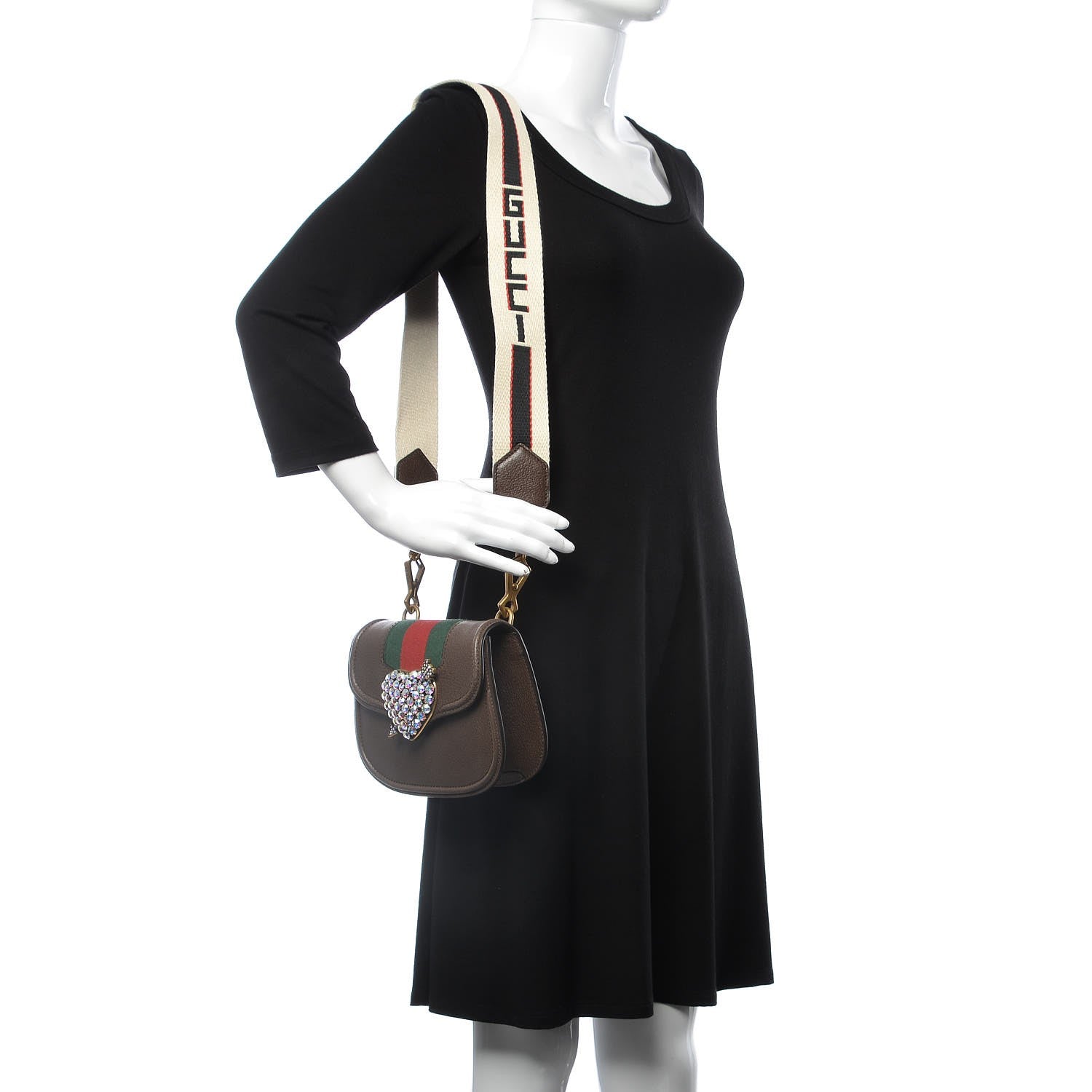 Gucci Calfskin Small Linea Crystal Heart Shoulder Bag Brown 2 of 7