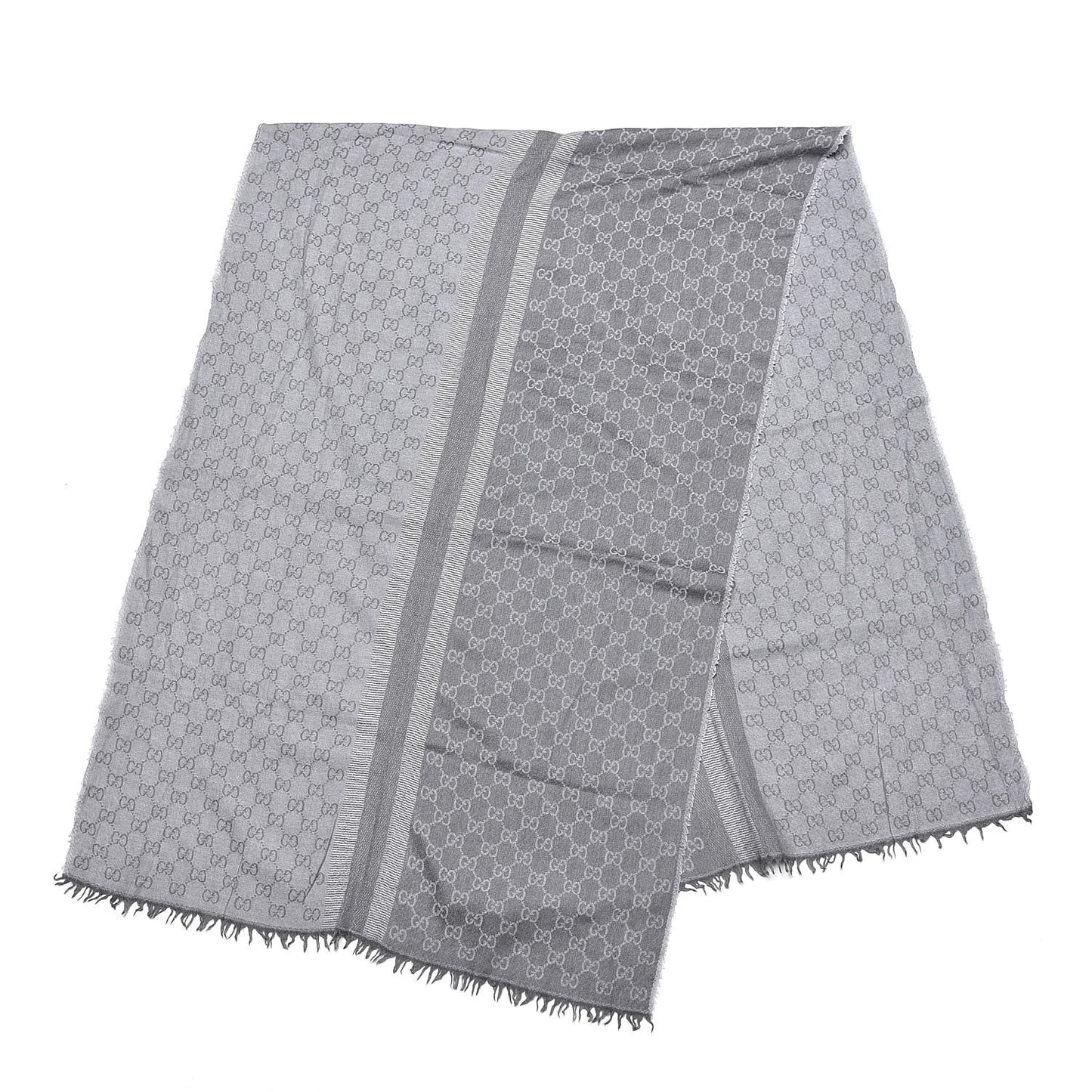 Wool Silk GG Monogram GGWeblong Fringe Scarf Shawl Pearl Medium Grey