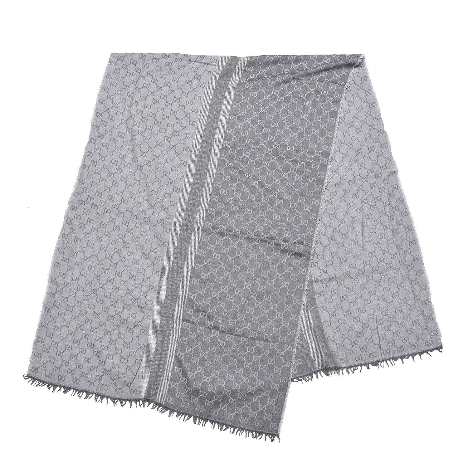Gucci Wool Silk GG Monogram GGWeblong Fringe Scarf Shawl Pearl Medium Grey 3 of 3