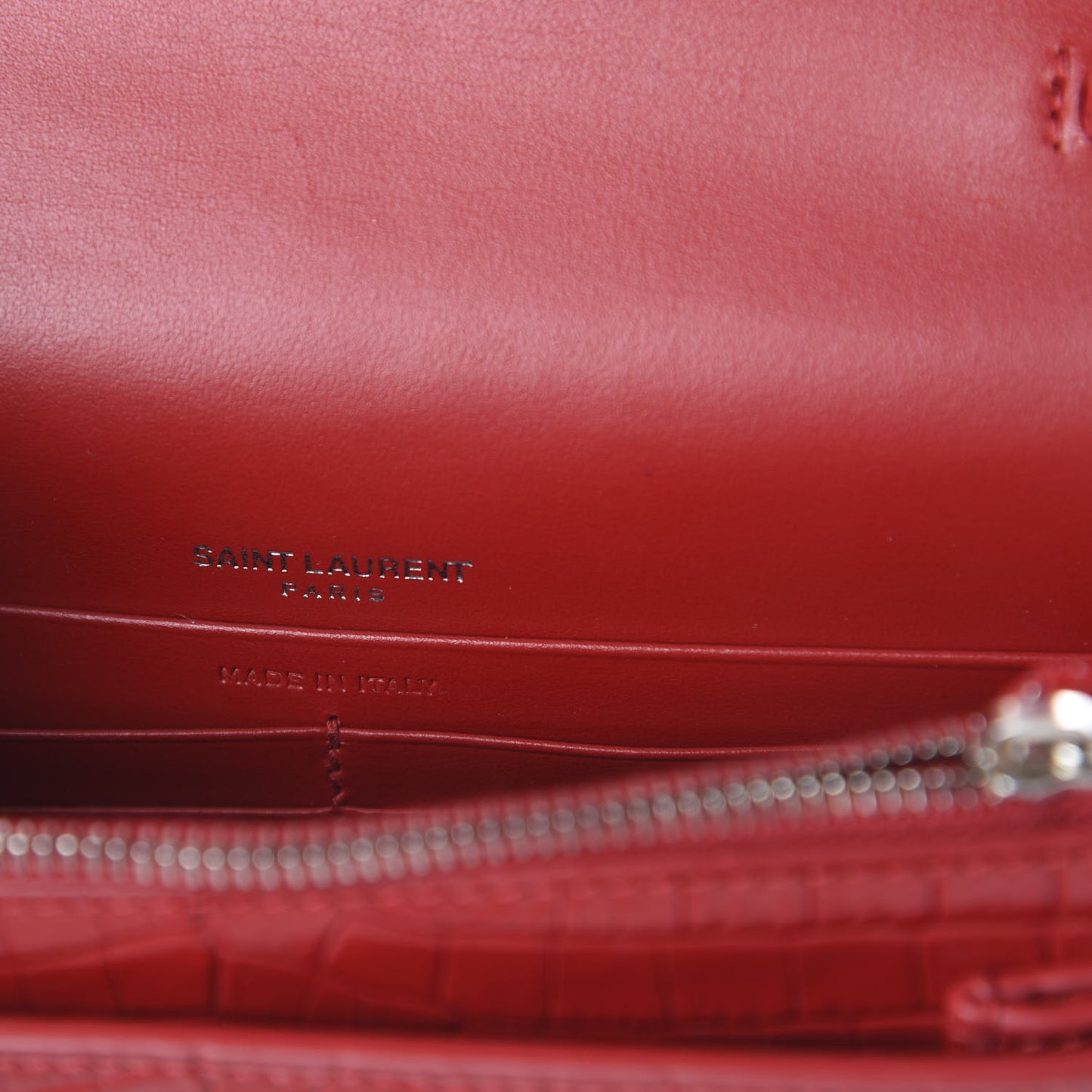 Calfskin Crocodile Embossed Monogram Sunset Top Handle Chain Wallet New Lipstick Red