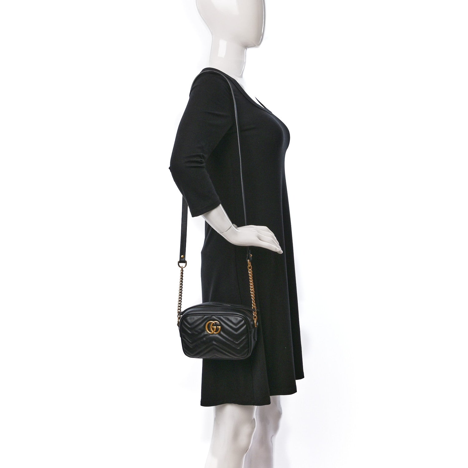 Gucci Calfskin Matelasse Mini GG Marmont Chain Shoulder Bag Black 3 of 11