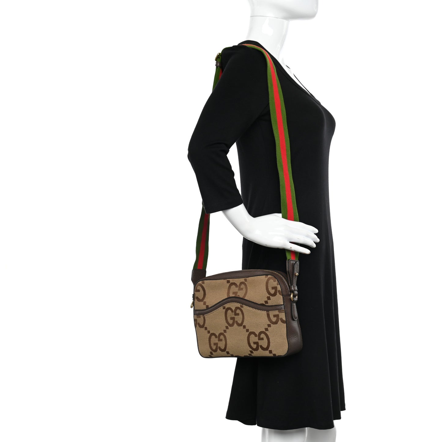 Monogram Jumbo GG Textured Dollar Calfskin Web Messenger Shoulder Bag Camel Ebony New Acero
