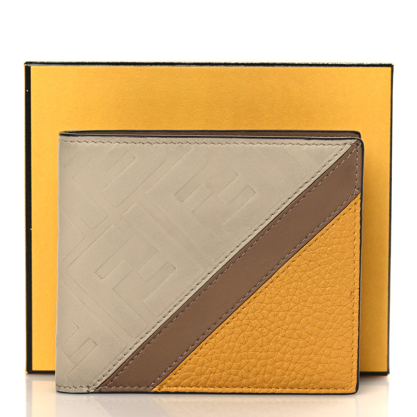 Vitello Grace FF Embossed Striped Bi-Fold Wallet Latte Sand Giallo Fendi