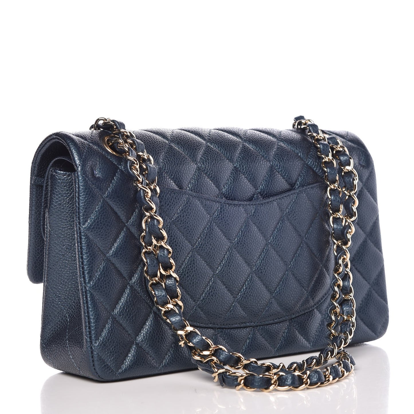 Metallic Caviar Quilted Medium Double Flap Dark Blue