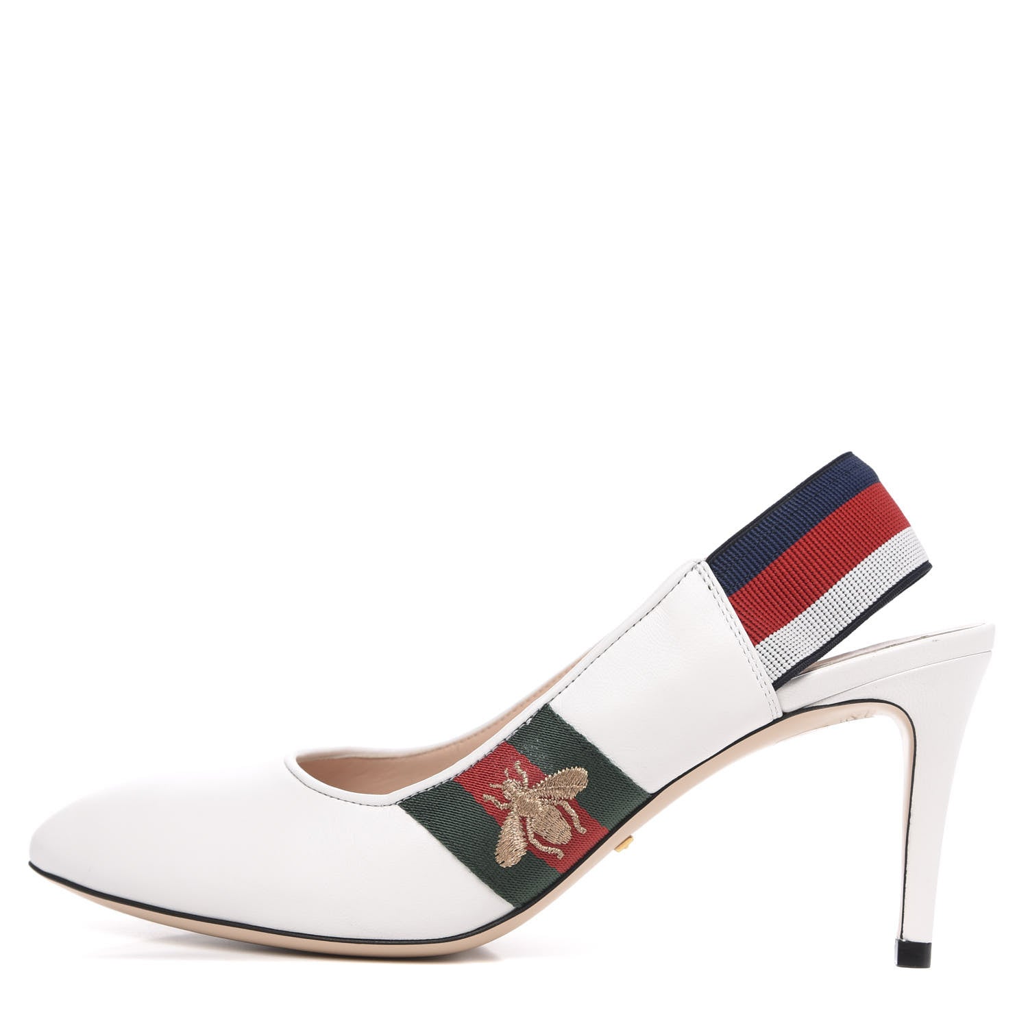 Gucci Malaga Kid Web Sylvie Mid Heel Slingback Pumps 37.5 White 1 of 9
