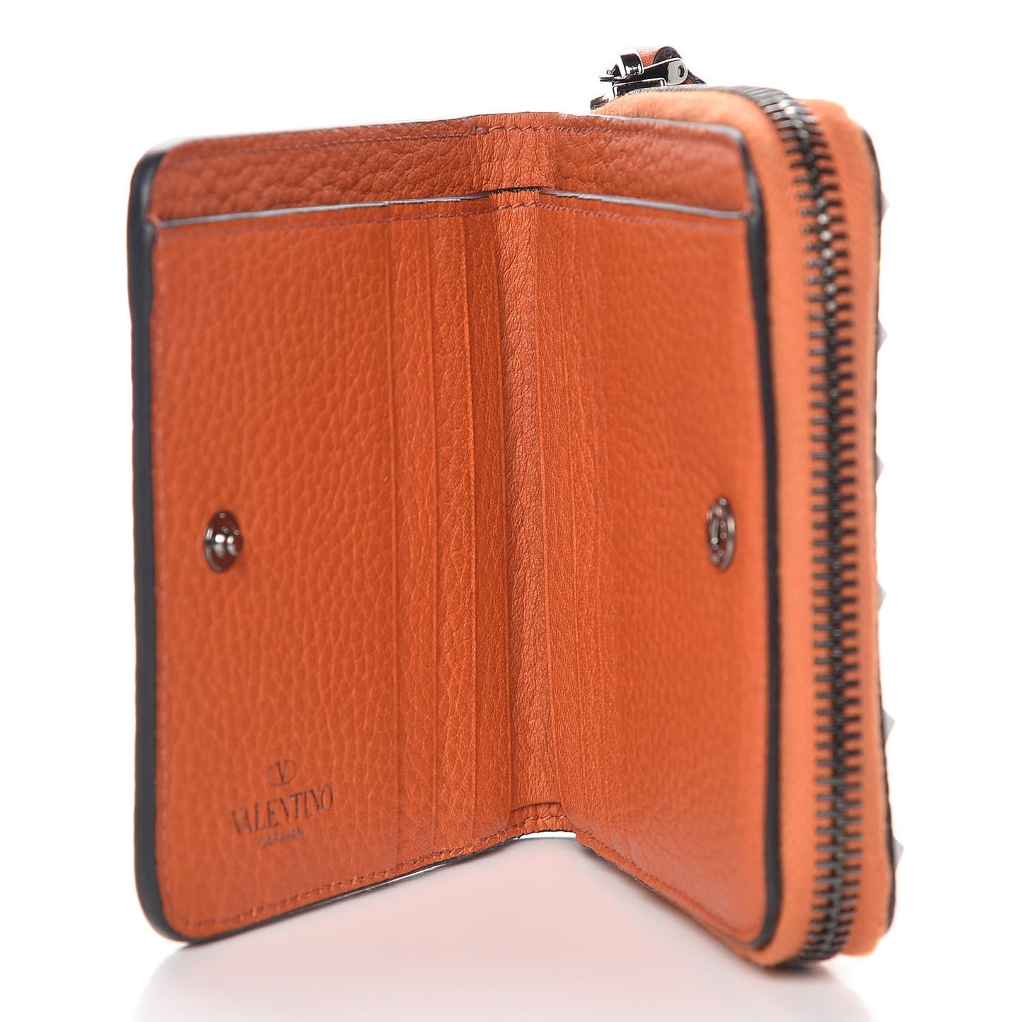 Pebbled Calfskin Rockstud Compact Zip Around Wallet Orange