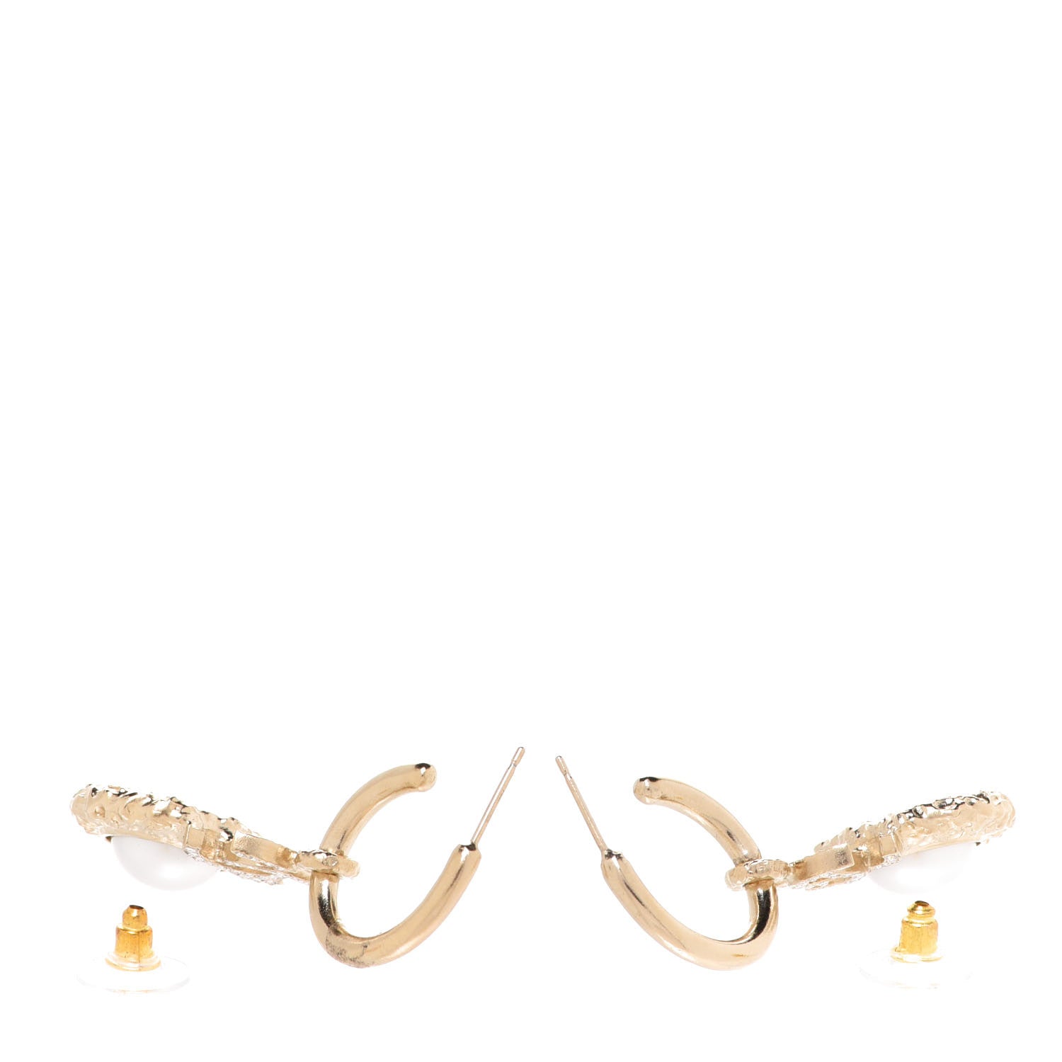 Chanel Metal Crystal Pearl Textured CC Hoop Drop Earrings Gold White 3 of 5