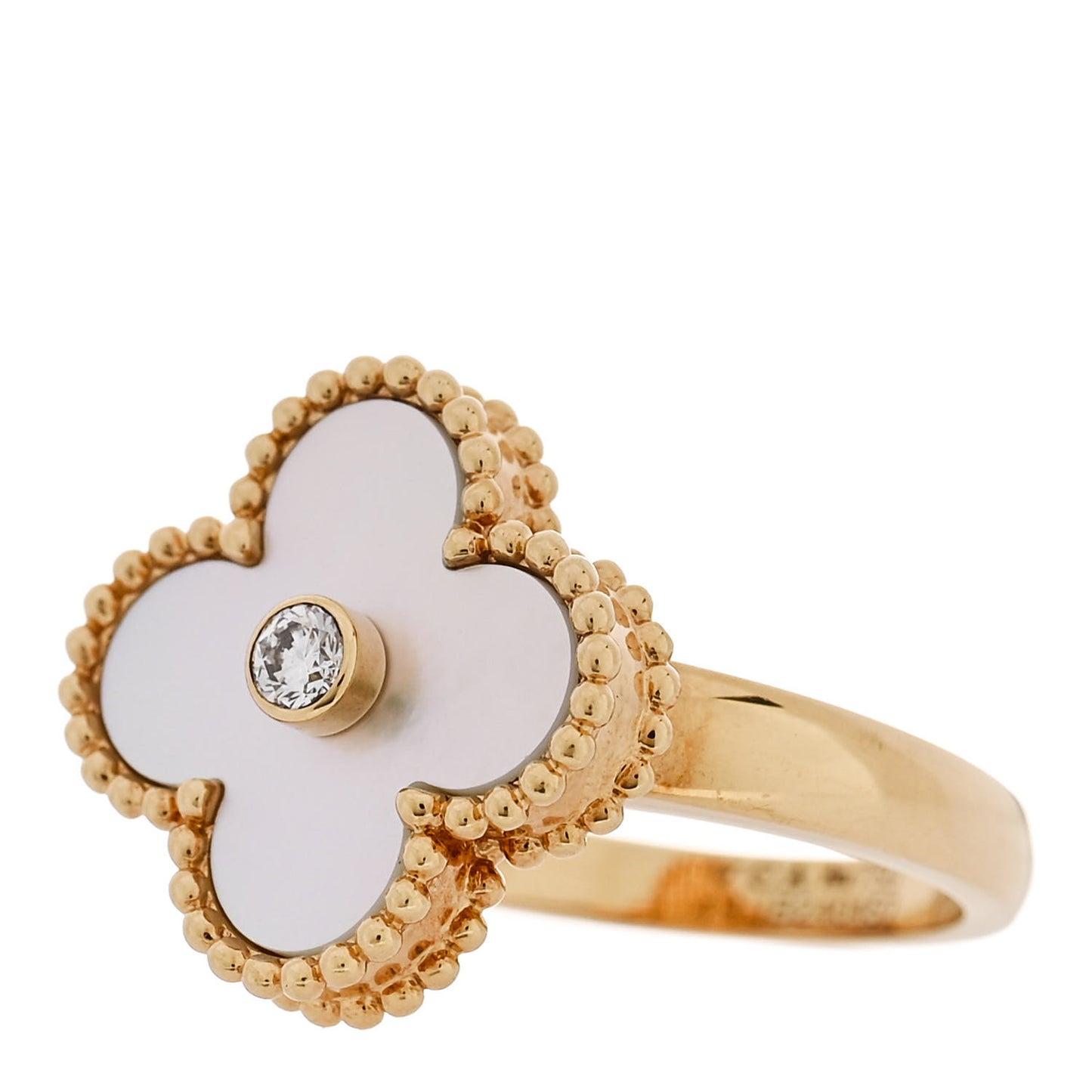 18K Yellow Gold Diamond Mother of Pearl Vintage Alhambra Ring 49 4.75