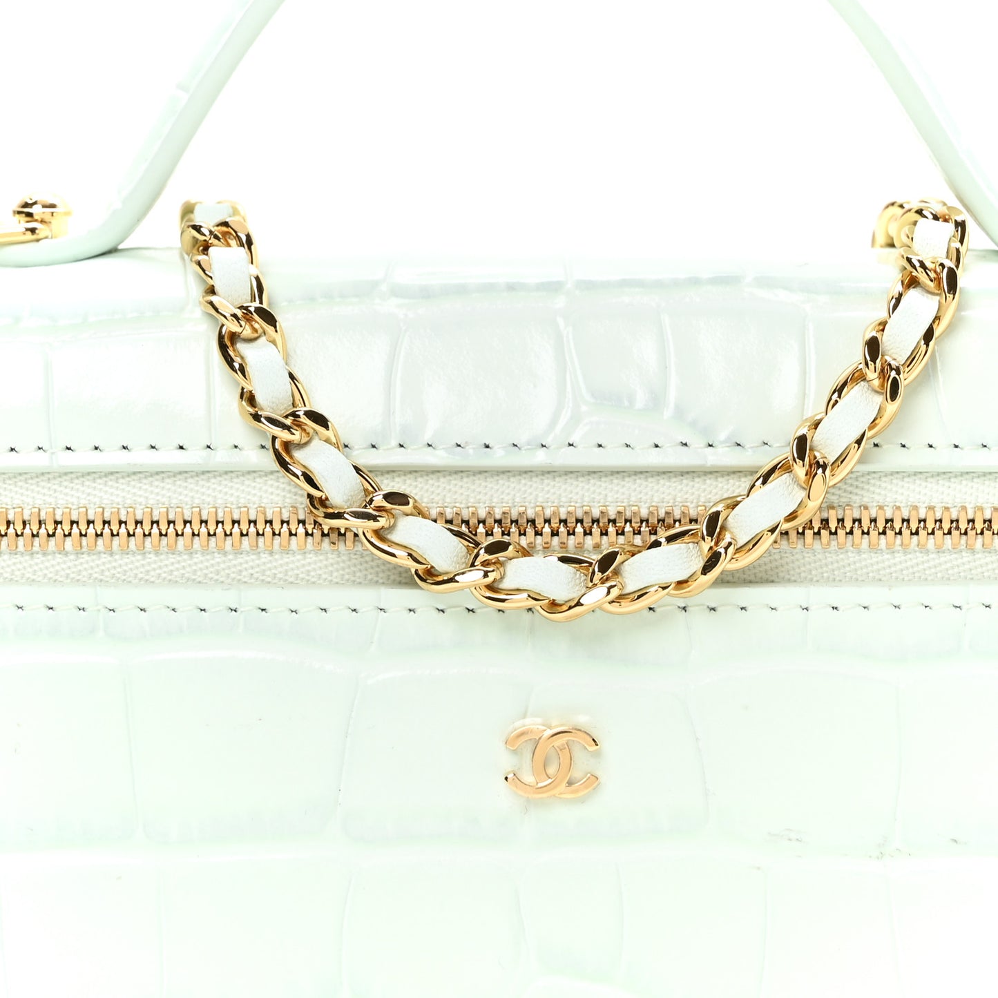 Calfskin Crocodile Embossed Crococo Top Handle Slim Vanity Case With Chain Light Blue