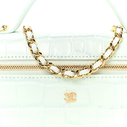 Chanel Calfskin Crocodile Embossed Crococo Top Handle Slim Vanity Case With Chain Light Blue 8 of 11