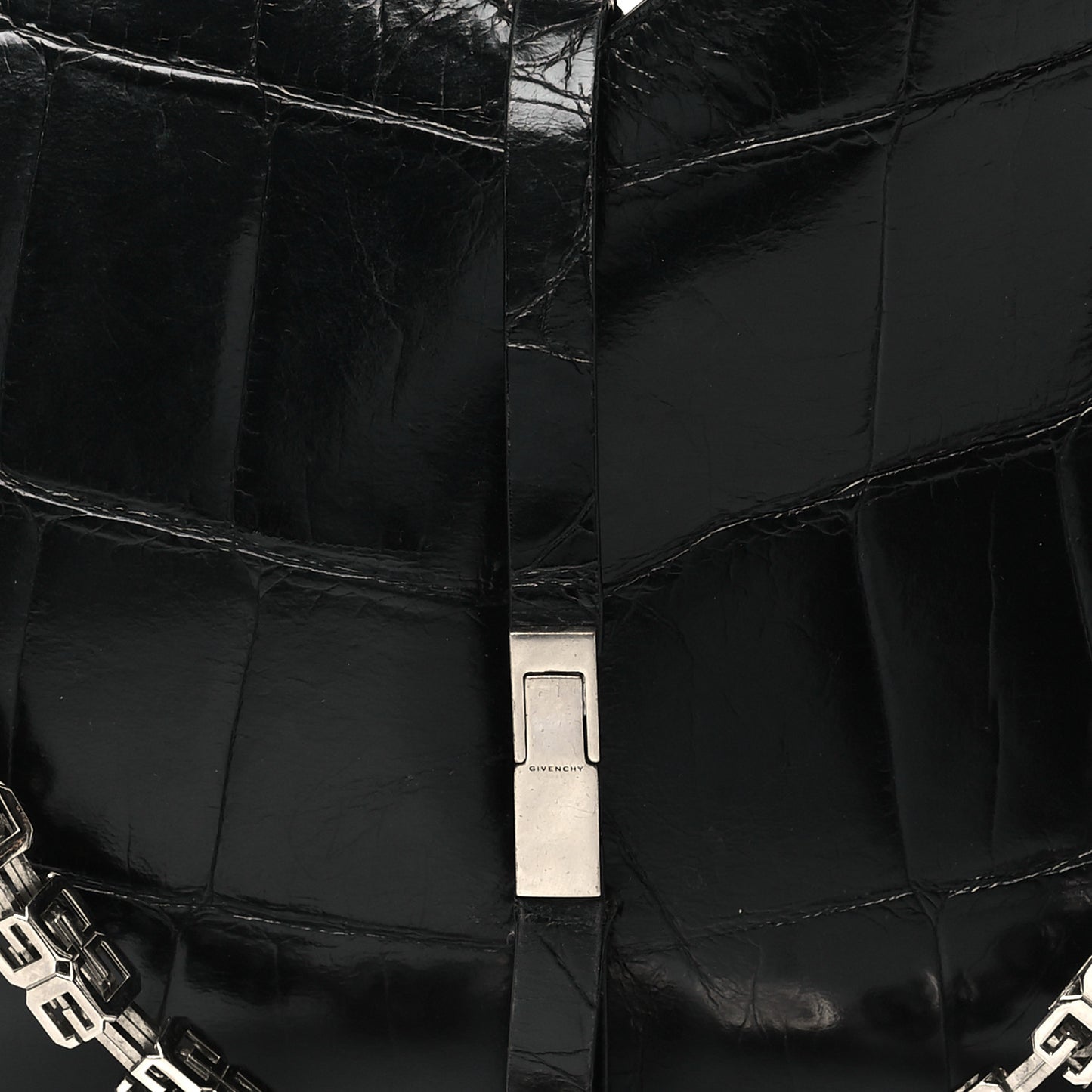 Calfskin Crocodile Embossed Large Cut Out Shoulder Bag Black