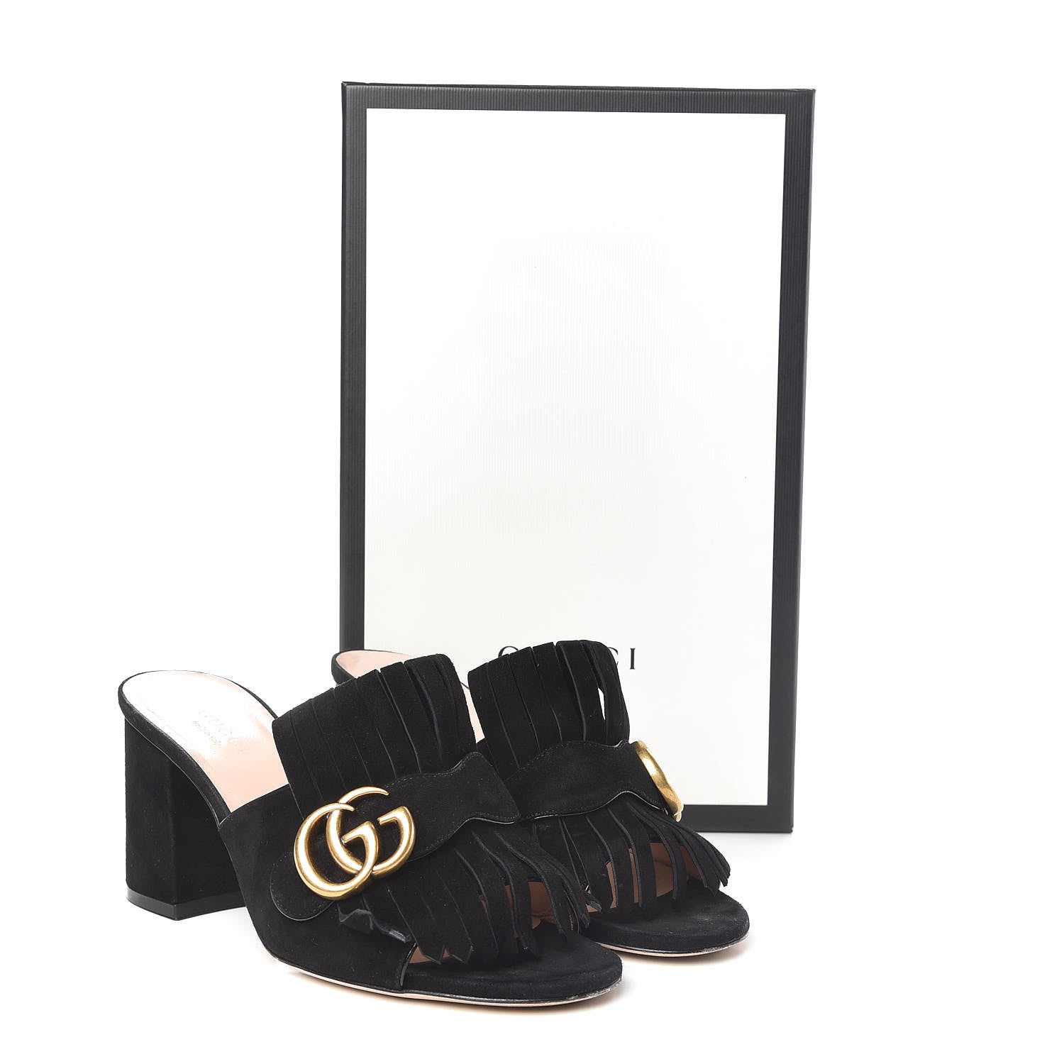 Gucci Kid Scamosciato GG Marmont Fringe 75mm Slide Sandals 36.5 Black 11 of 11