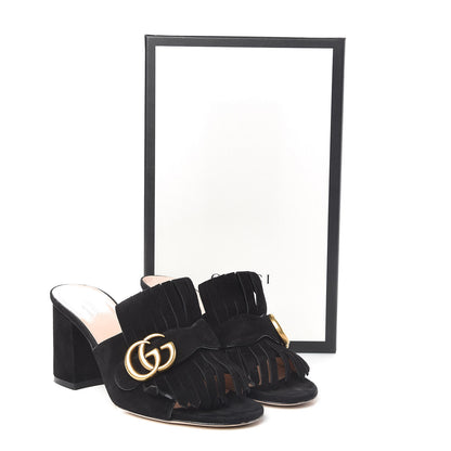 Gucci Kid Scamosciato GG Marmont Fringe 75mm Slide Sandals 36.5 Black 11 of 11
