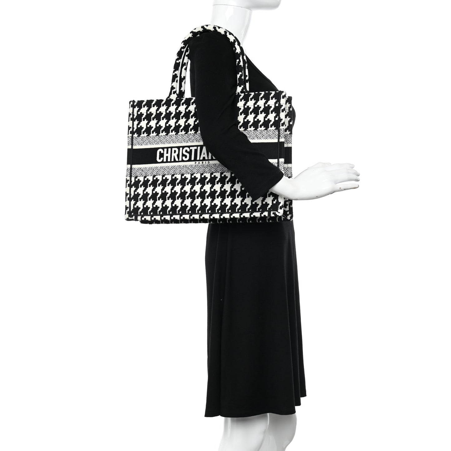 Canvas Macro Houndstooth Embroidered Medium Book Tote Black White