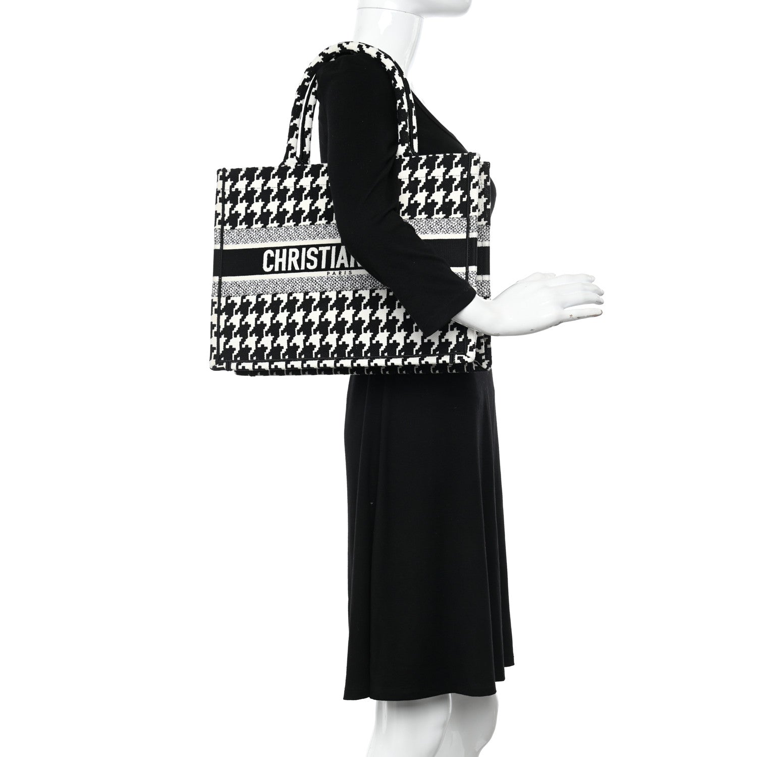 Christian Dior Canvas Macro Houndstooth Embroidered Medium Book Tote Black White 2 of 10