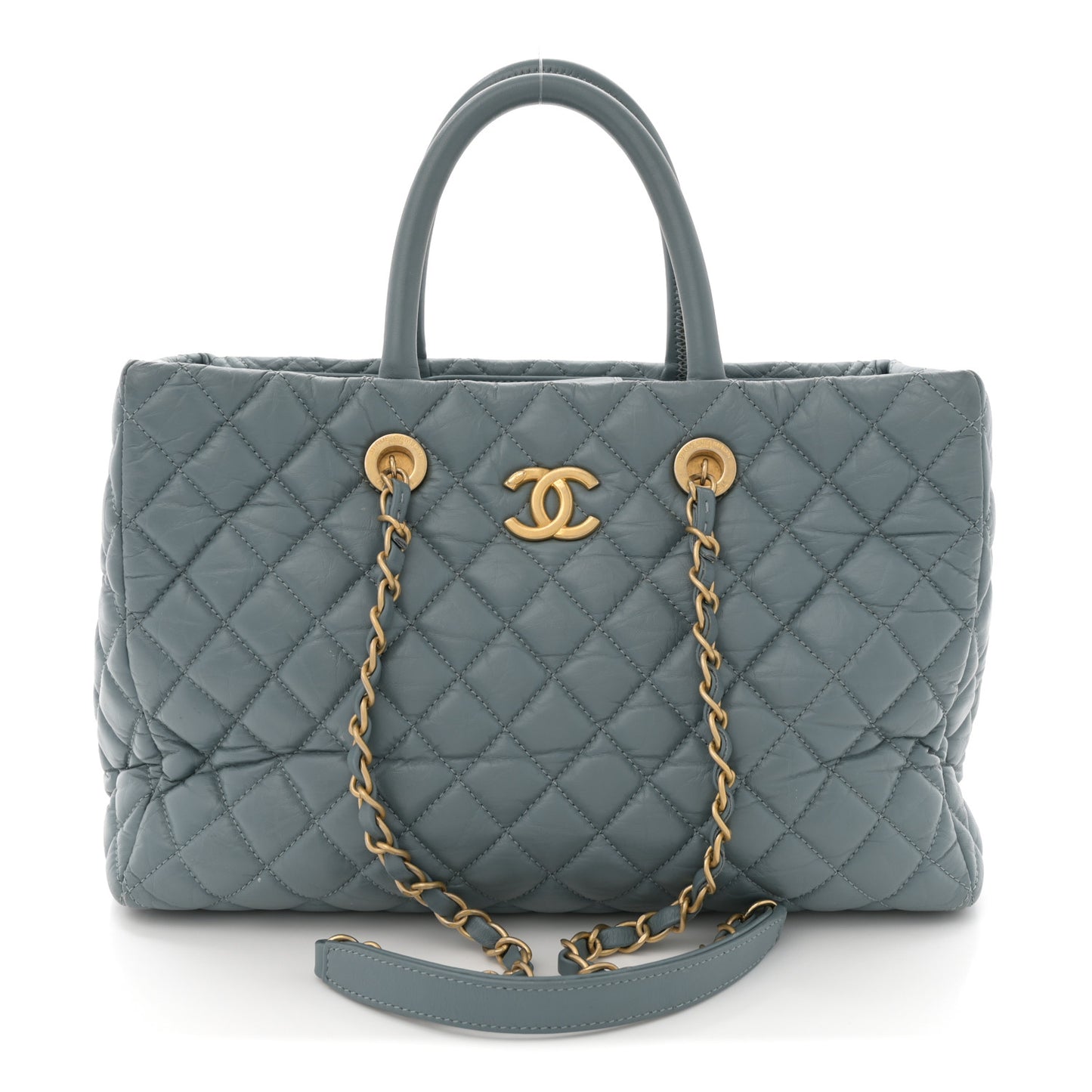 Aged Calfskin Quilted Large Coco Handle ShoppingTote Blue