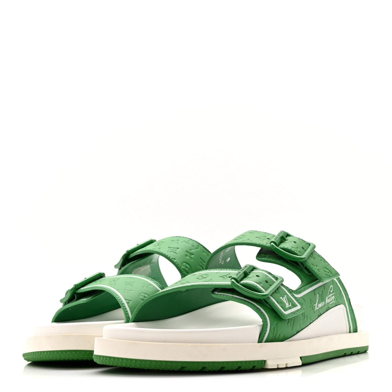 Louis Vuitton Calfskin Embossed Mens Script Trainer Mules 8 Green White 4 of 9