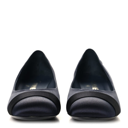 Chanel Satin Pearl Cap Toe Low Heel Pumps 38 Navy Blue Black 3 of 10
