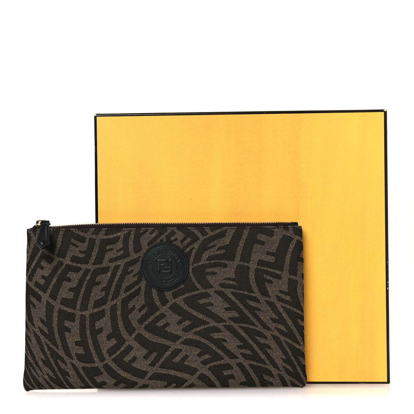 X SARAH COLEMAN Fabric Jacquard Vitello King FF Vertigo Medium Flat Pouch Tobacco Moro Black