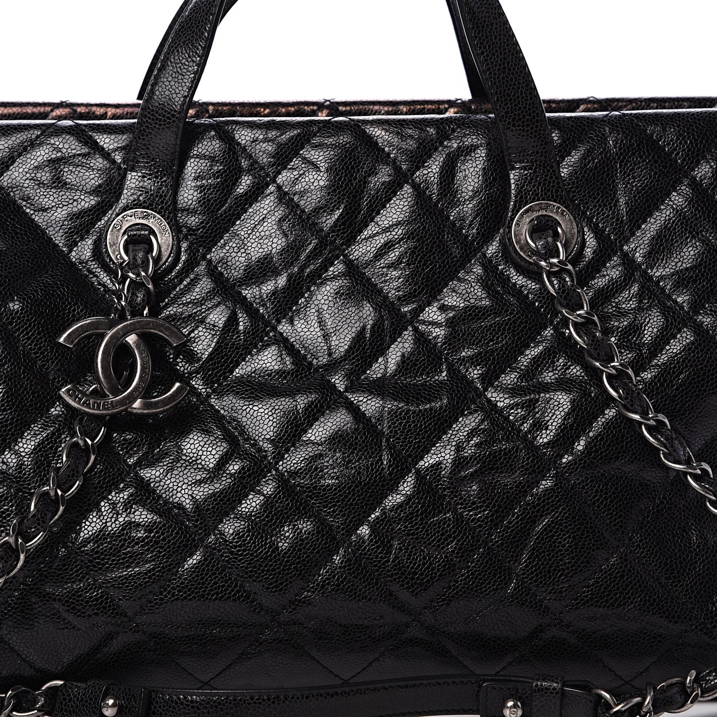 Crumpled Grained Calfskin Quilted CC Crave Tote Black