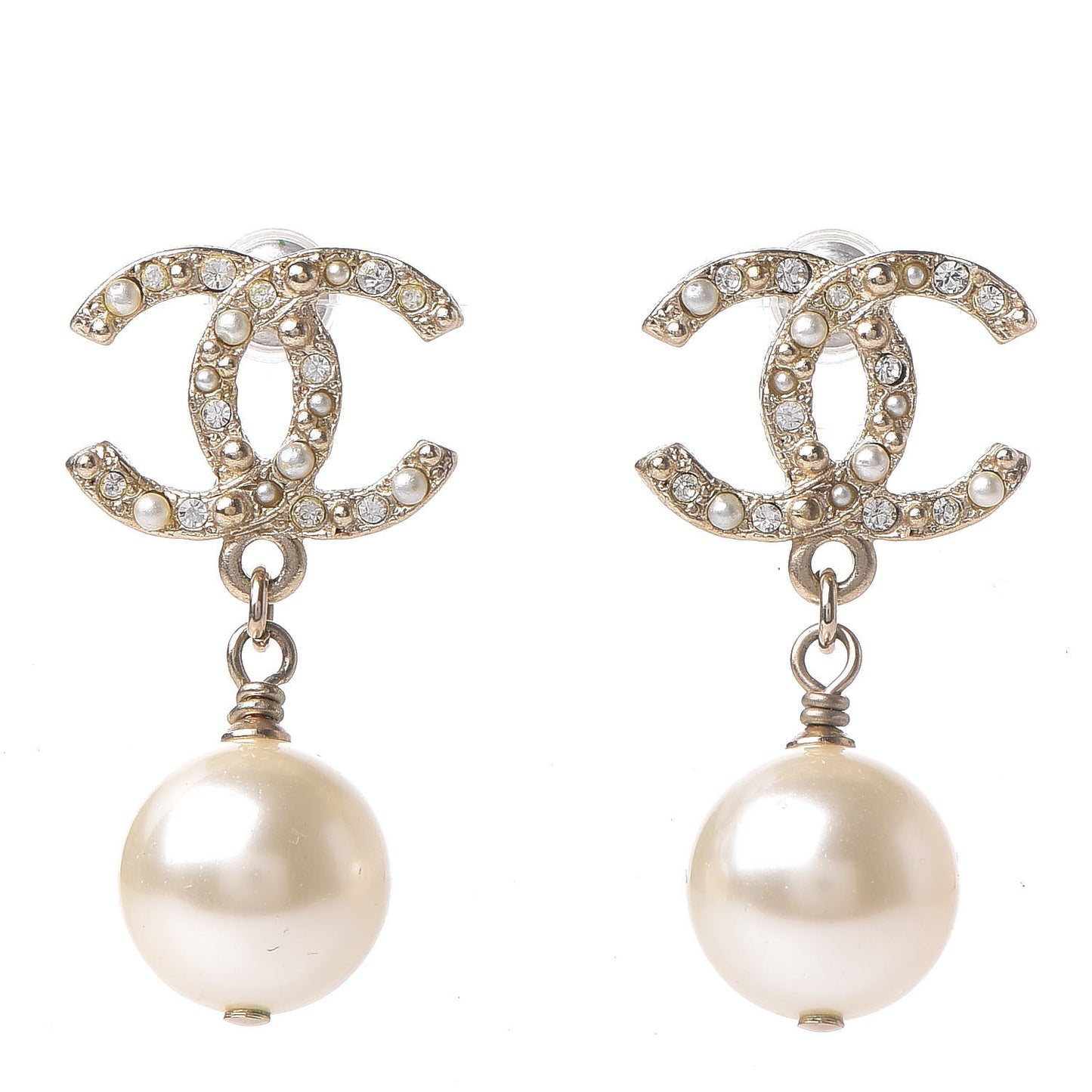 Crystal Pearl CC Drop Earrings Gold