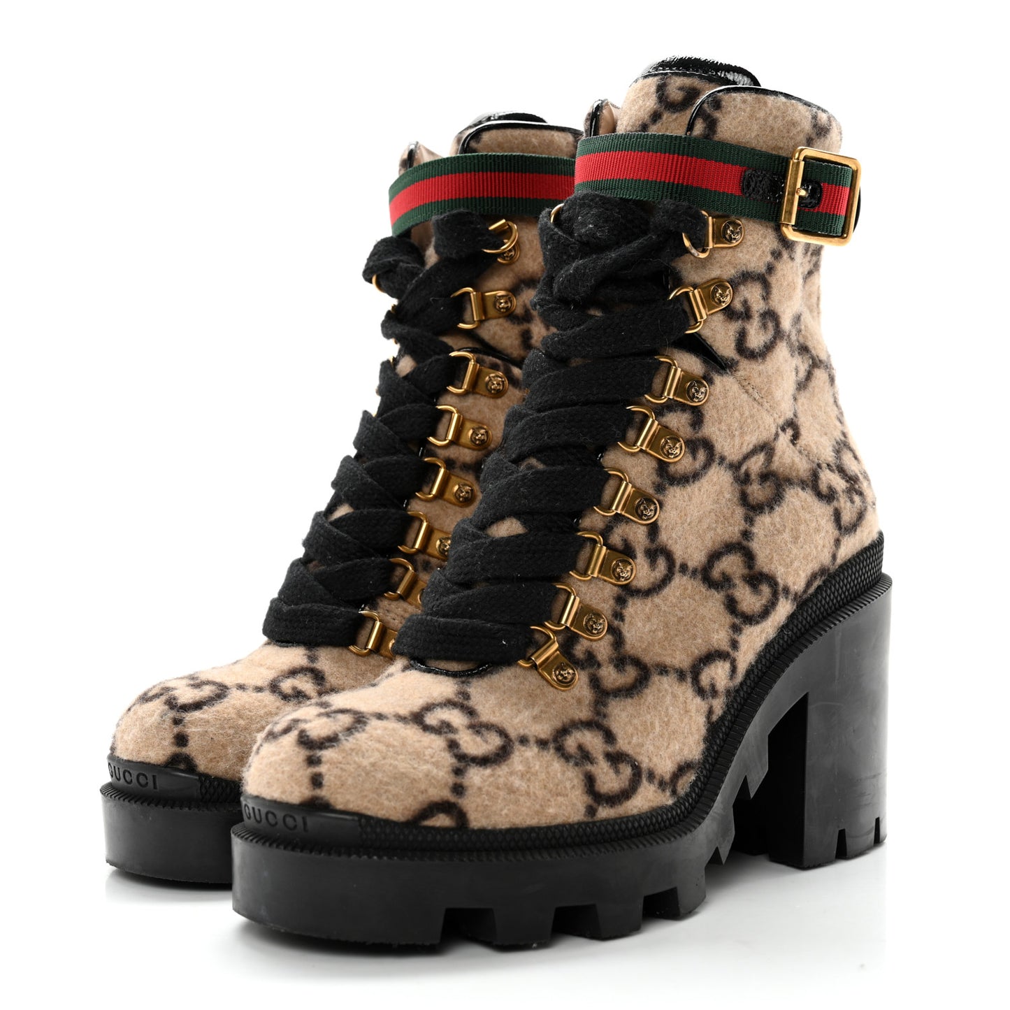 Covered Wool GG Monogram Womens Lace Up Combat Ankle Boots 36.5 Beige Ebony Black
