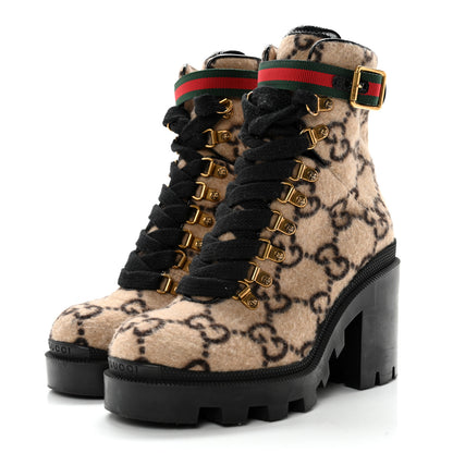 Gucci Covered Wool GG Monogram Womens Lace Up Combat Ankle Boots 36.5 Beige Ebony Black 3 of 13