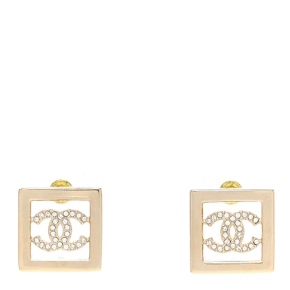 Chanel Metal Crystal Square CC Earrings Gold 1 of 4