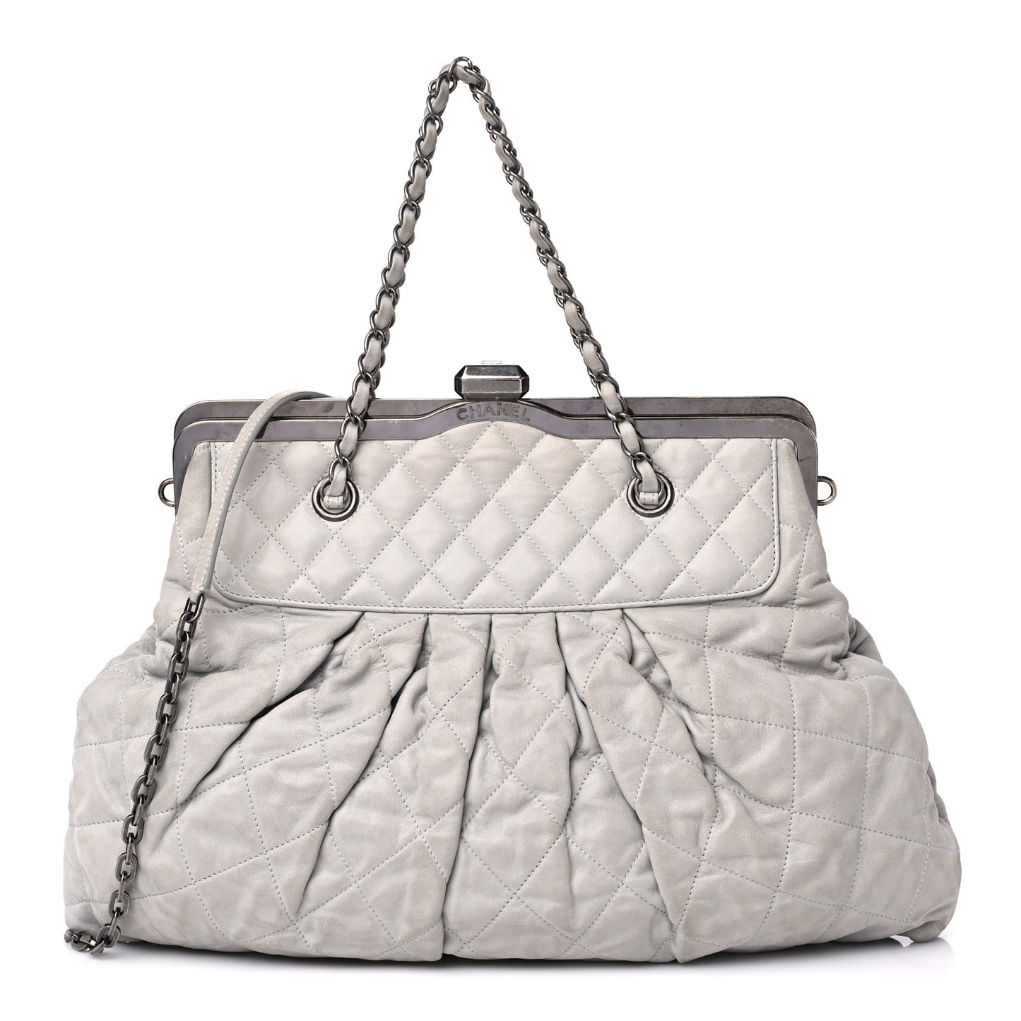Iridescent Calfskin Chic Quilt Frame Tote Light Grey