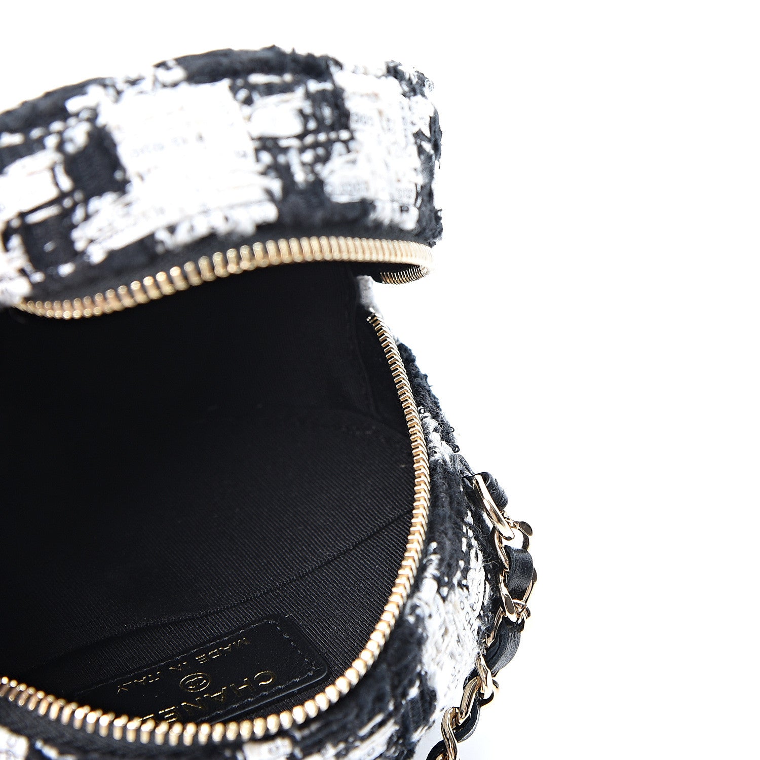 Chanel Tweed Quilted Round Clutch With Chain Black Ecru White 4 of 10