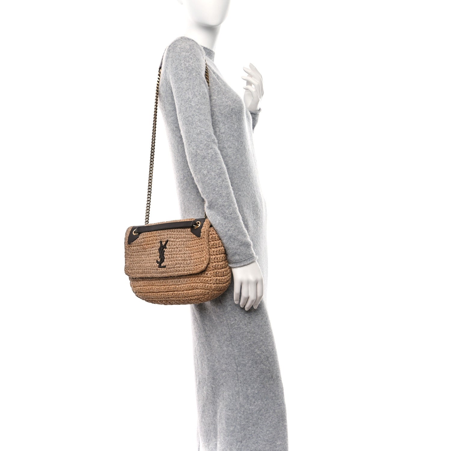 Saint Laurent Raffia Calfskin Monogram Medium Niki Chain Satchel Natural 2 of 11