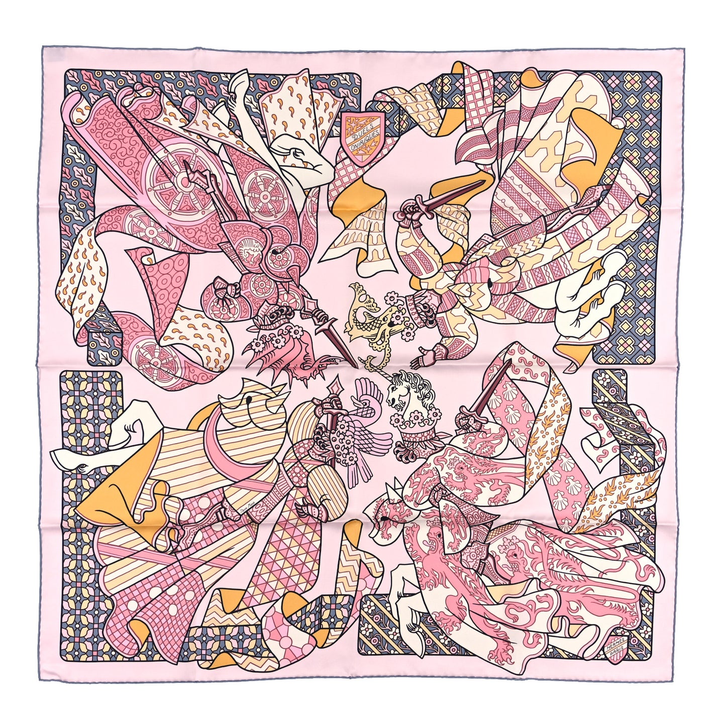 Silk Carre Duels Oniriques Scarf 90 Rose Pale Gris Jaune