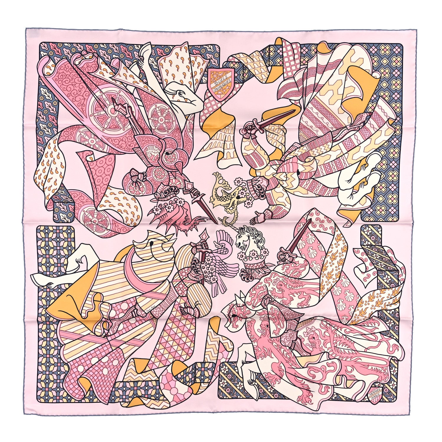 Hermes Silk Carre Duels Oniriques Scarf 90 Rose Pale Gris Jaune 1 of 3