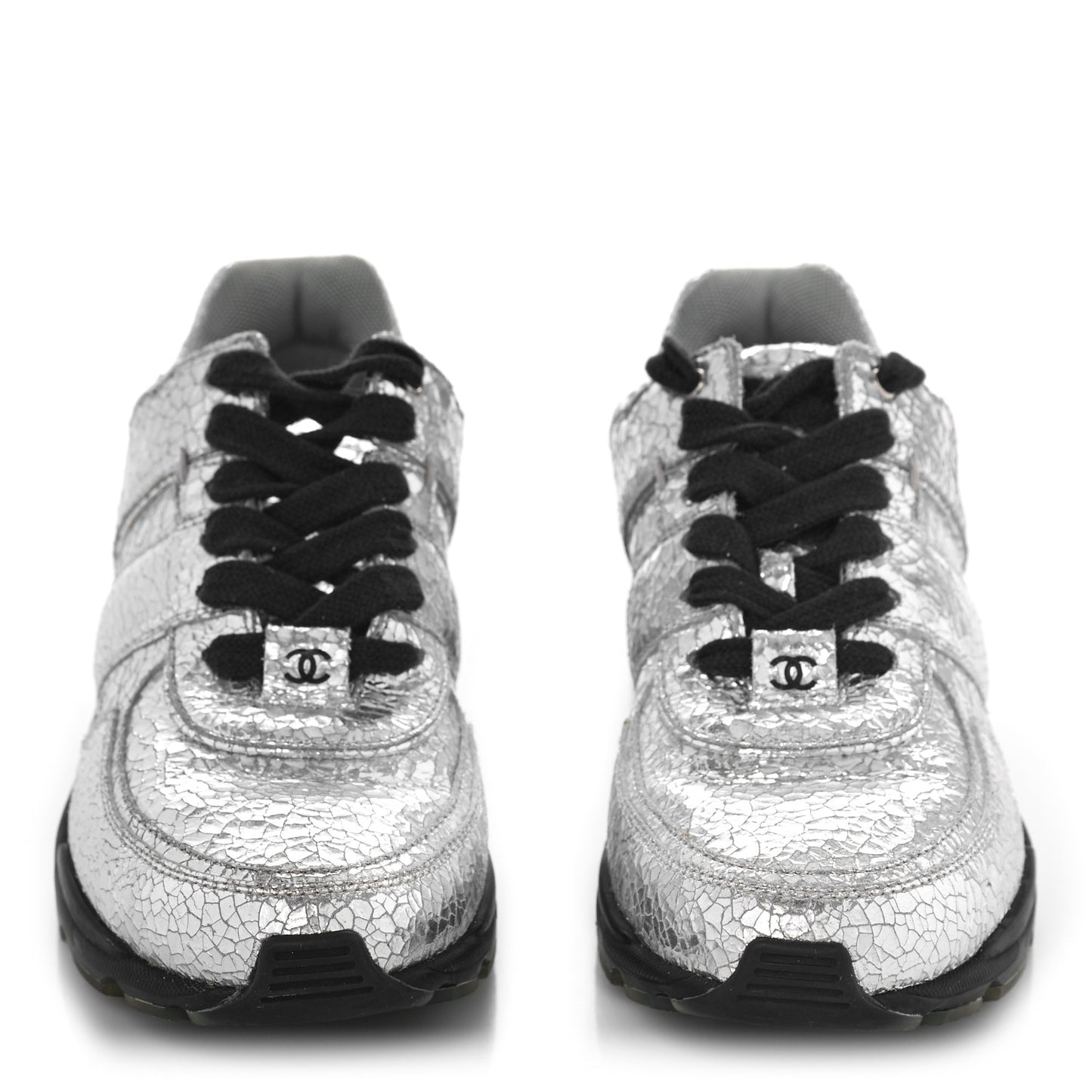 Metallic Crackled Calfskin CC Sneakers 37 Silver Black Navy