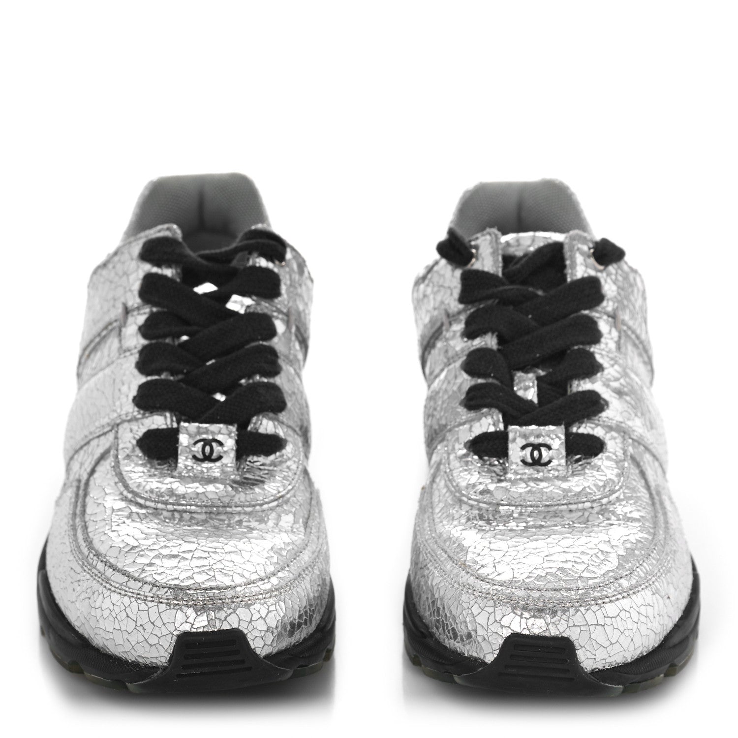 Chanel Metallic Crackled Calfskin CC Sneakers 37 Silver Black Navy 2 of 9