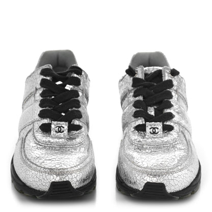 Chanel Metallic Crackled Calfskin CC Sneakers 37 Silver Black Navy 2 of 9