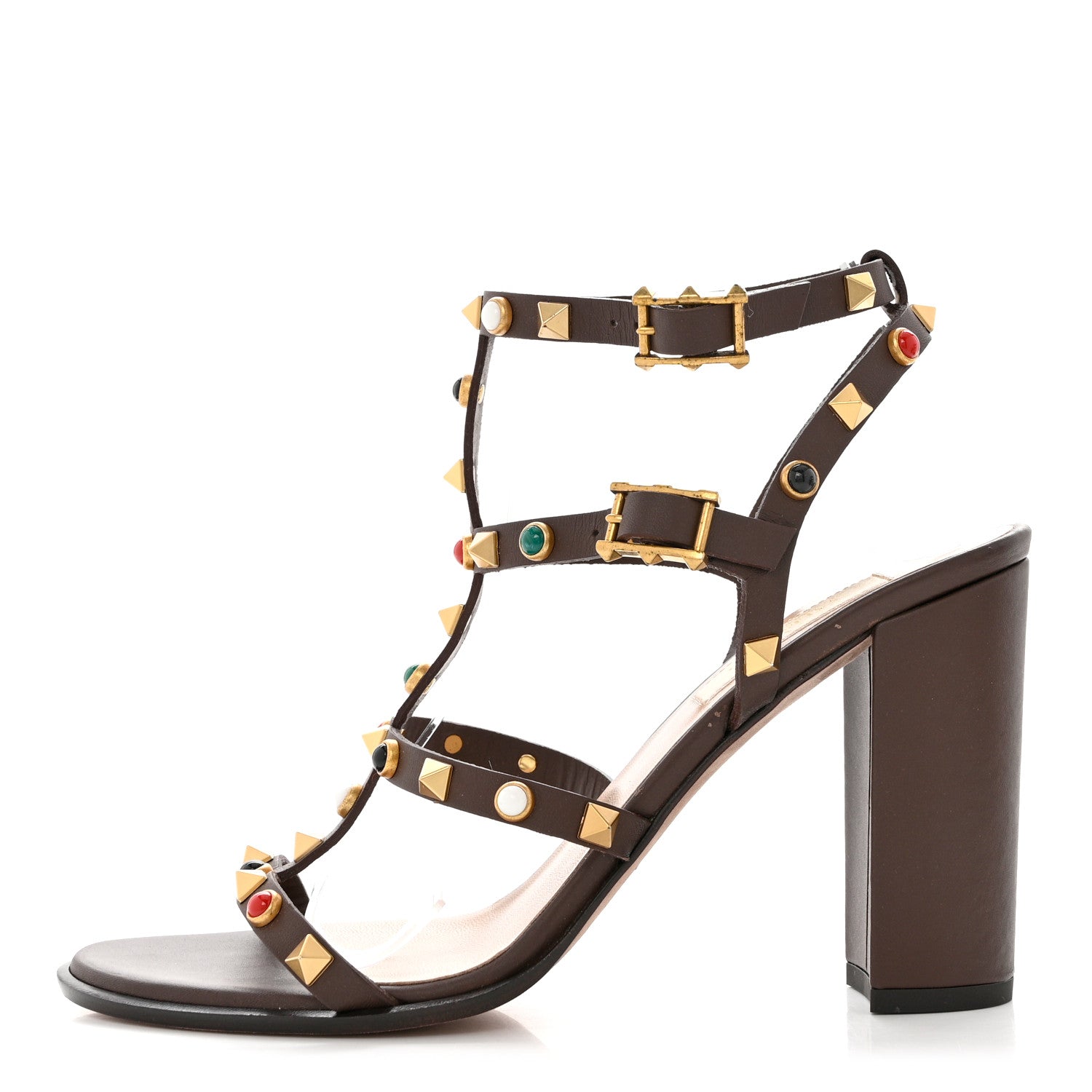 Valentino Garavani Calfskin Rockstud Rolling Cabochon 90mm City Sandals 38 Cacao 1 of 7