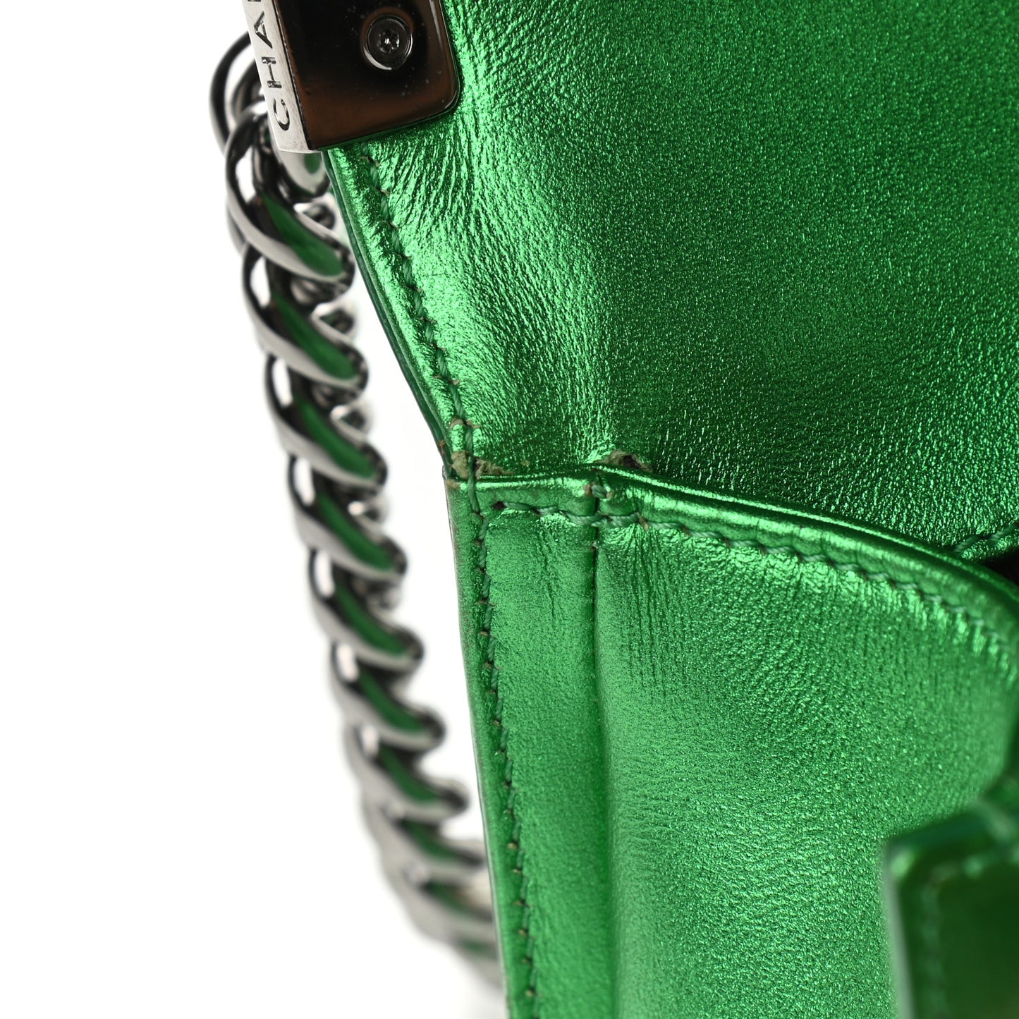 Metallic Patent Calfskin Quilted Medium Boy Flap Green
