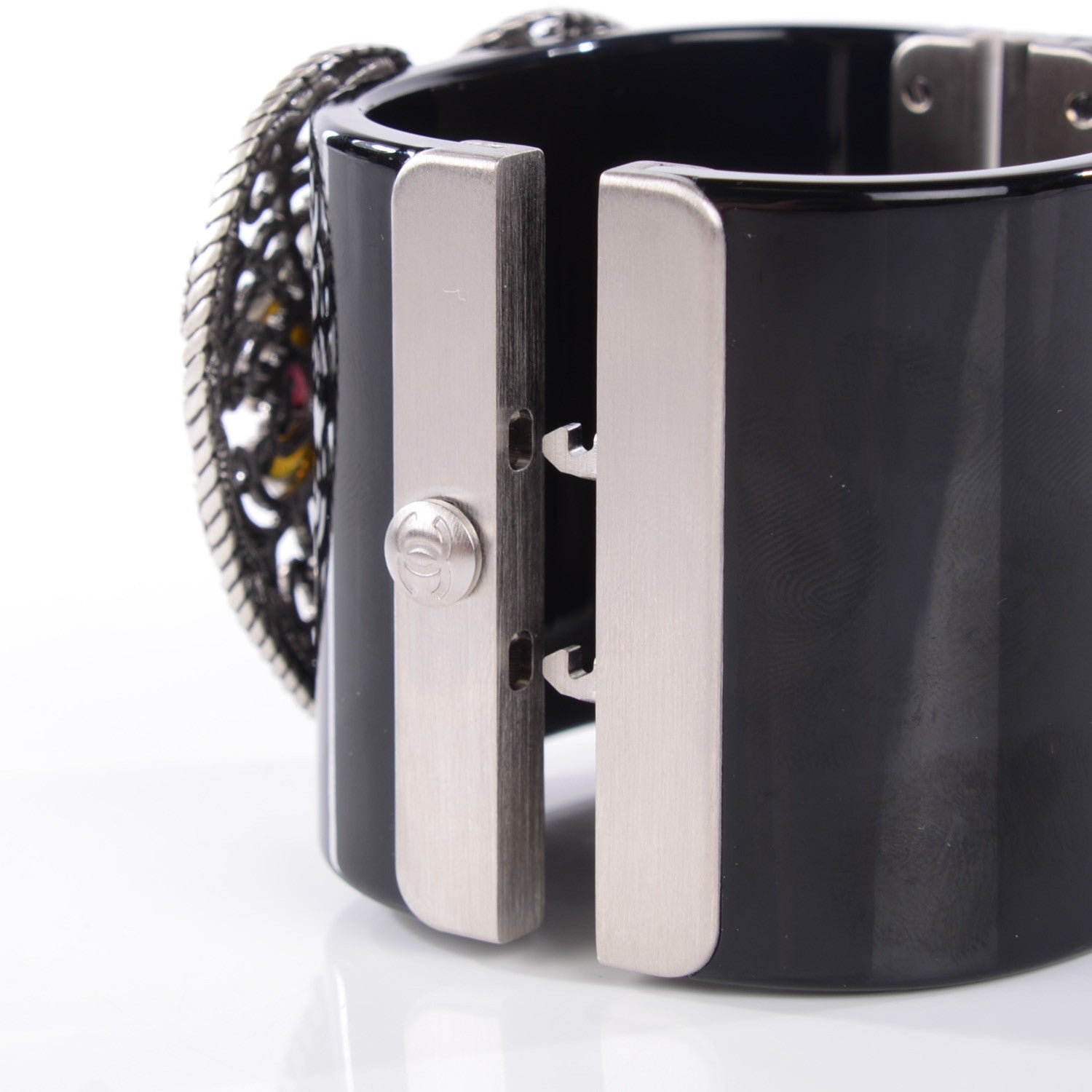 Chanel Resin Gripoix Heart CC Wide Cuff Black 4 of 6