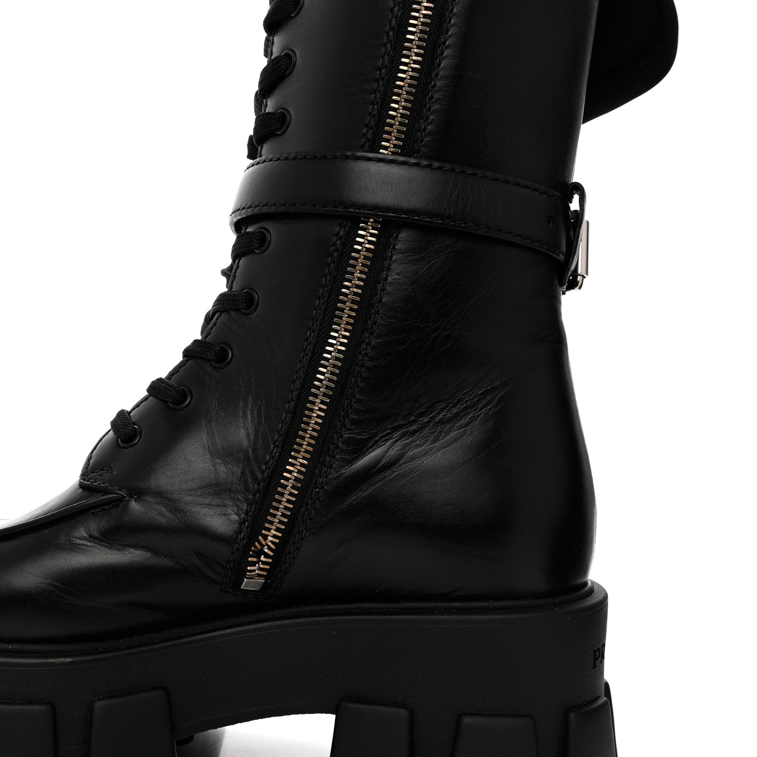 Prada Vitello Lux Nylon Metal Triangle Logo Monolith Pouch Pocket 55mm Tall Combat Boots 35 Black 9 of 10
