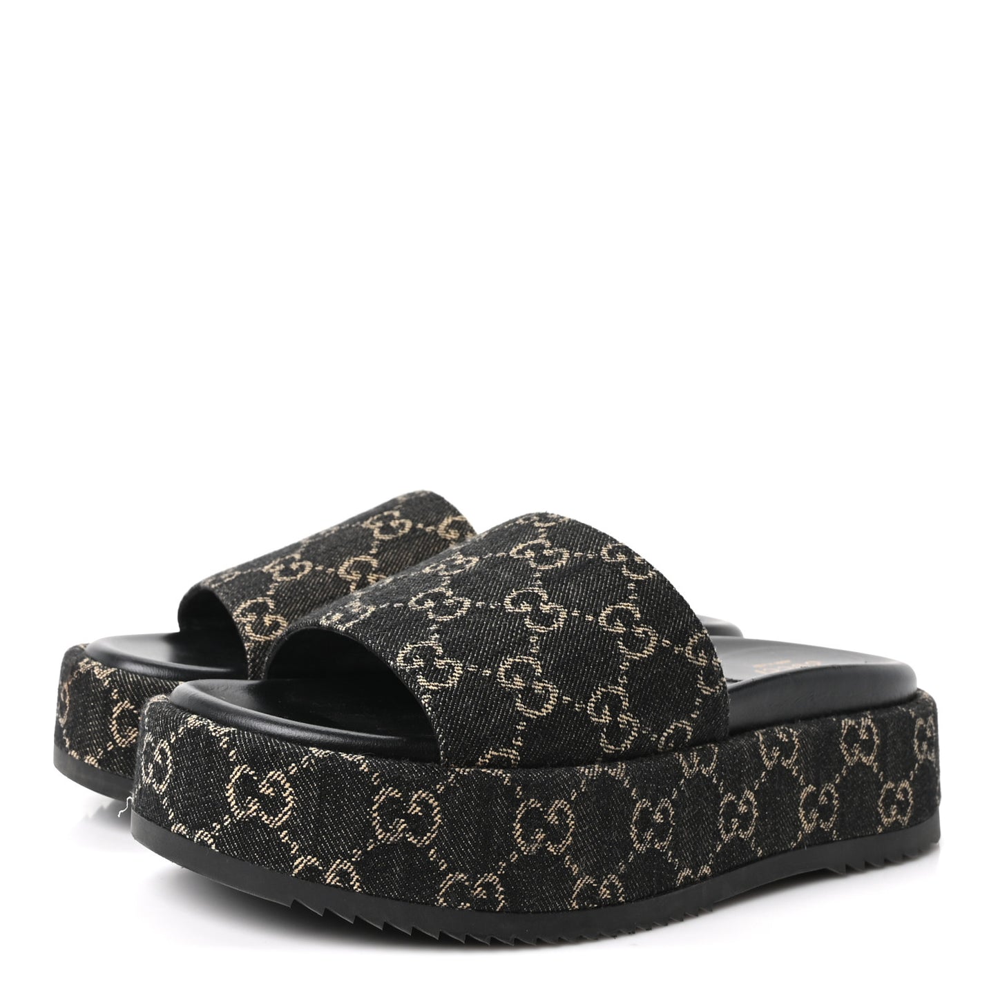 Jacquard Black Denim GG Monogram Angelina Platform 55mm Slide Sandals 39.5 Black Ivory