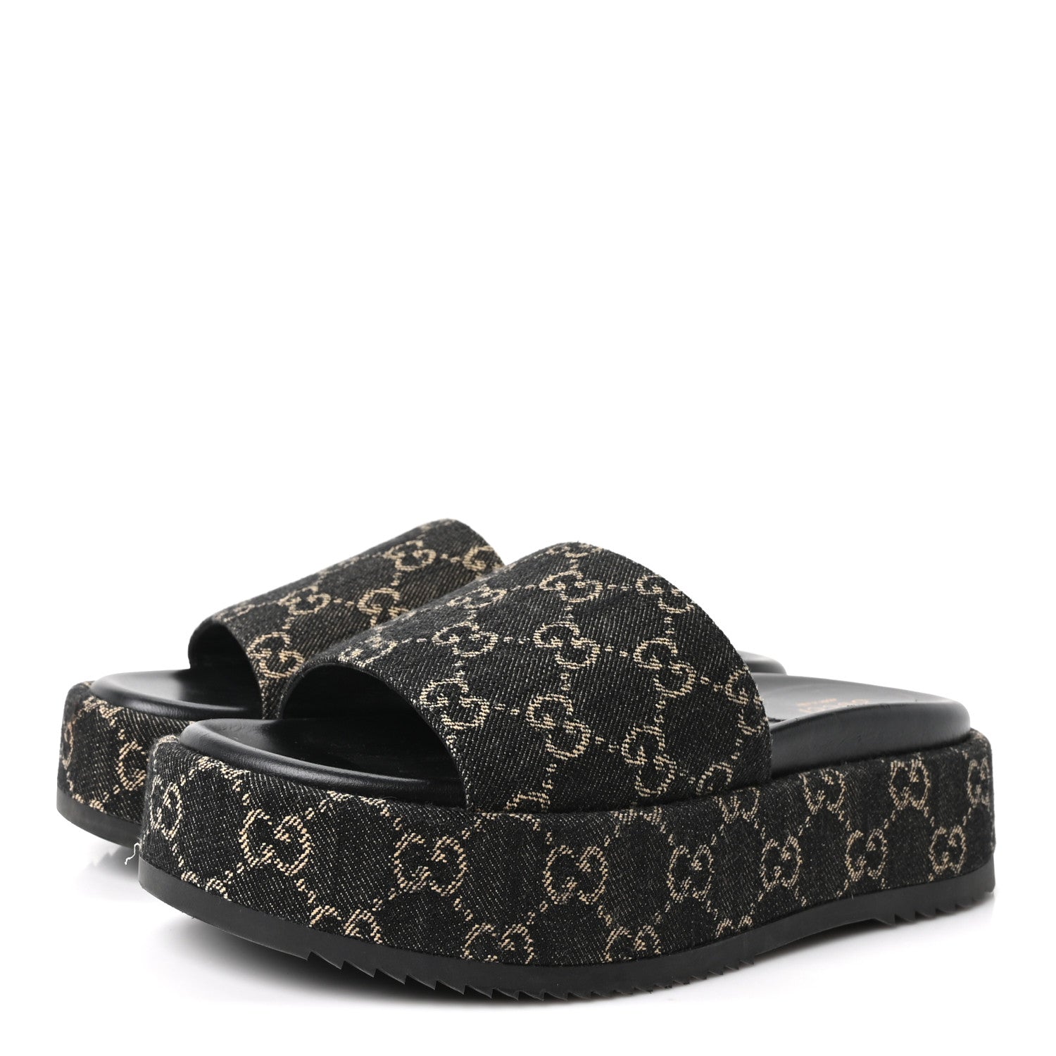 Gucci Jacquard Black Denim GG Monogram Angelina Platform 55mm Slide Sandals 39.5 Black Ivory 4 of 10